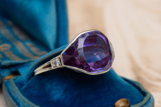 Art Deco Polish 14K White Gold Amethyst & Diamond Ring, c.1925
