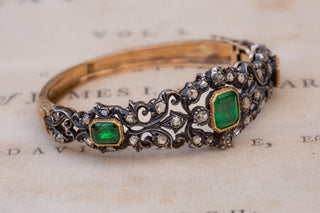 Antique Italian 18K Gold, Emerald and Diamond Bangle Bracelet, c.1890–1900