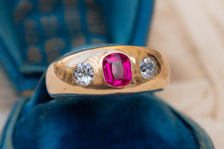 Antique Viennese 14K Gold Ring with Pink Sapphire and Old European Cut Diamonds,