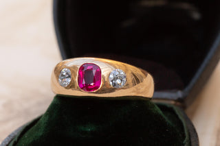 Antique Viennese 14K Gold Ring with Pink Sapphire and Old European Cut Diamonds,