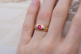 Antique Viennese 14K Gold Ring with Pink Sapphire and Old European Cut Diamonds,