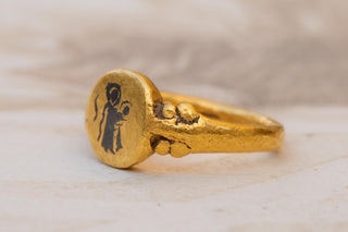 Ancient Byzantine Gold Ring with Niello Virgin Mary Christ Child; Signet Ring