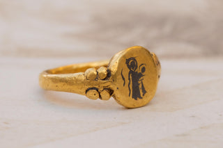 Ancient Byzantine Gold Ring with Niello Virgin Mary Christ Child; Signet Ring