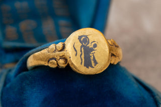 Ancient Byzantine Gold Ring with Niello Virgin Mary Christ Child; Signet Ring