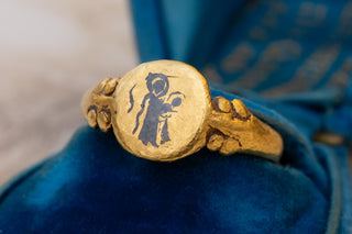Ancient Byzantine Gold Ring with Niello Virgin Mary Christ Child; Signet Ring