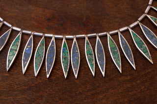 Vintage Mexican Silver Collar Necklace with Turquoise and Lapis Inlay