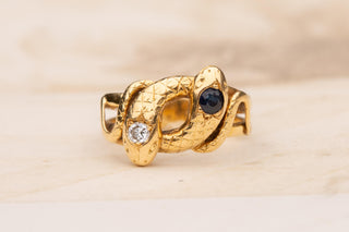 Antique Belle Époque French Double-Headed Snake Ring; 18K Gold, Sapphire