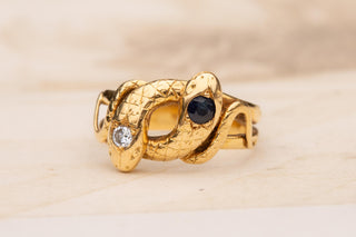 Antique Belle Époque French Double-Headed Snake Ring; 18K Gold, Sapphire