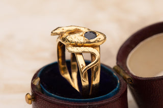 Antique Belle Époque French Double-Headed Snake Ring; 18K Gold, Sapphire