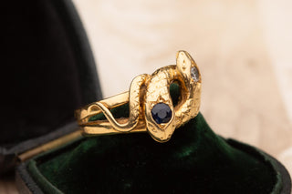 Antique Belle Époque French Double-Headed Snake Ring; 18K Gold, Sapphire