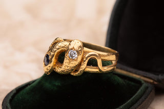 Antique Belle Époque French Double-Headed Snake Ring; 18K Gold, Sapphire