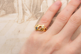 Antique Belle Époque French Double-Headed Snake Ring; 18K Gold, Sapphire