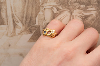 Antique Belle Époque French Double-Headed Snake Ring; 18K Gold, Sapphire