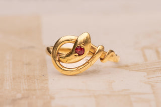Antique French 18K Gold Snake Ring with Garnet, Paris, c.1890