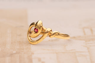 Antique French 18K Gold Snake Ring with Garnet, Paris, c.1890