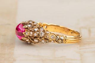Antique 19th-Century Diamond Ring with Natural Burma Ruby Cabochon; Second Empir