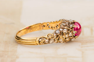 Antique 19th-Century Diamond Ring with Natural Burma Ruby Cabochon; Second Empir