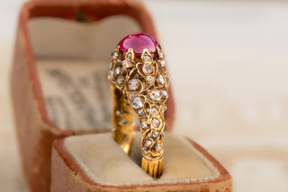 Antique 19th-Century Diamond Ring with Natural Burma Ruby Cabochon; Second Empir