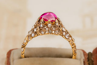 Antique 19th-Century Diamond Ring with Natural Burma Ruby Cabochon; Second Empir