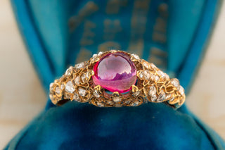 Antique 19th-Century Diamond Ring with Natural Burma Ruby Cabochon; Second Empir