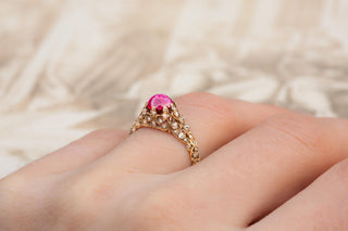 Antique 19th-Century Diamond Ring with Natural Burma Ruby Cabochon; Second Empir