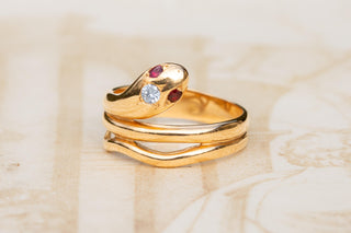Vintage German Gold Snake Ring with Diamond, Garnet and Spinel, circa 1980s