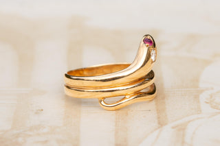 Vintage German Gold Snake Ring with Diamond, Garnet and Spinel, circa 1980s
