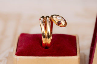 Vintage German Gold Snake Ring with Diamond, Garnet and Spinel, circa 1980s