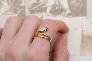 Vintage German Gold Snake Ring with Diamond, Garnet and Spinel, circa 1980s