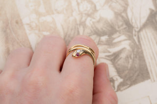 Vintage German Gold Snake Ring with Diamond, Garnet and Spinel, circa 1980s