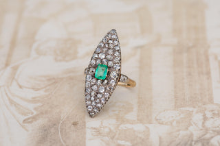 Late 19th-Century French Emerald and Diamond Navette Ring in 18K Gold and Silver