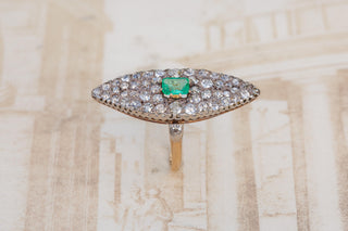 Late 19th-Century French Emerald and Diamond Navette Ring in 18K Gold and Silver