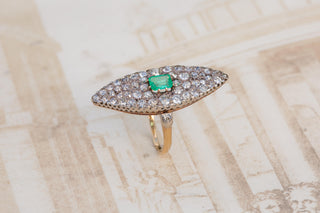 Late 19th-Century French Emerald and Diamond Navette Ring in 18K Gold and Silver