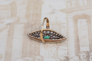 Late 19th-Century French Emerald and Diamond Navette Ring in 18K Gold and Silver