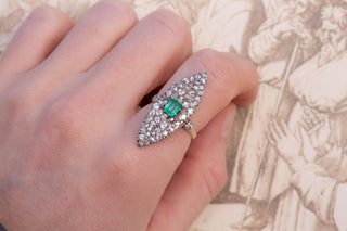 Late 19th-Century French Emerald and Diamond Navette Ring in 18K Gold and Silver