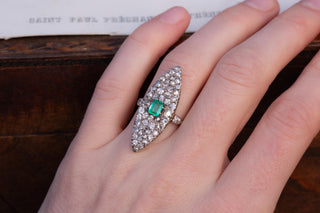Late 19th-Century French Emerald and Diamond Navette Ring in 18K Gold and Silver