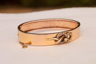 Antique French Snake Bangle in 18K Gold with Spinel and Seed Pearls, c.1880