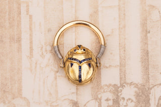 Art Deco French 18K Gold Swivelling Scarab Ring with Calibre Cut Sapphires