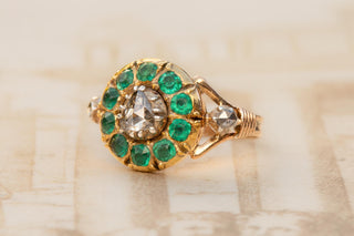 Early 19th Century French 18K Gold, Rose-Cut Diamond & Green Paste Cluster Ring,