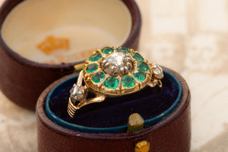 Early 19th Century French 18K Gold, Rose-Cut Diamond & Green Paste Cluster Ring,