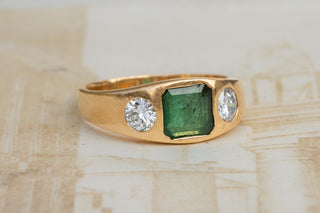 Antique German Emerald and Diamond Three Stone ring in 18K Gold, Circa 1910