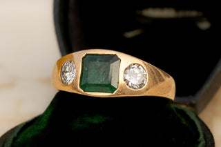 Antique German Emerald and Diamond Three Stone ring in 18K Gold, Circa 1910