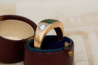 Antique German Emerald and Diamond Three Stone ring in 18K Gold, Circa 1910