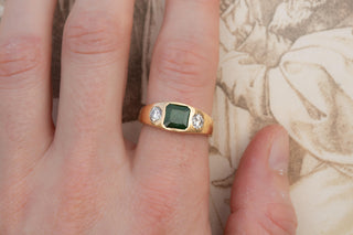Antique German Emerald and Diamond Three Stone ring in 18K Gold, Circa 1910