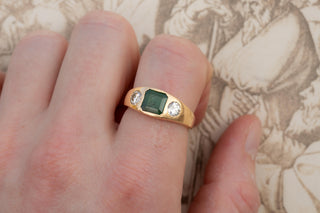 Antique German Emerald and Diamond Three Stone ring in 18K Gold, Circa 1910