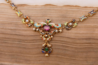 Rare Swiss Enamel and Gold Necklace with Ruby and Emerald, c.1830