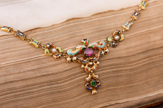 Rare Swiss Enamel and Gold Necklace with Ruby and Emerald, c.1830