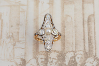Antique French Belle Époque Diamond and Pearl Ring in Platinum and 18K Gold