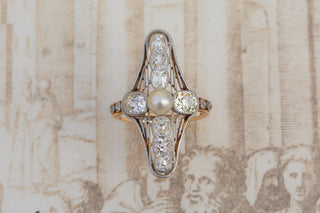 Antique French Belle Époque Diamond and Pearl Ring in Platinum and 18K Gold