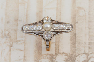 Antique French Belle Époque Diamond and Pearl Ring in Platinum and 18K Gold
